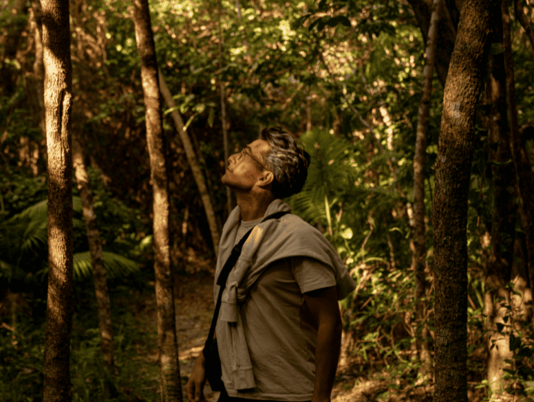 Man on walk in the rainforest at Elements of Byron